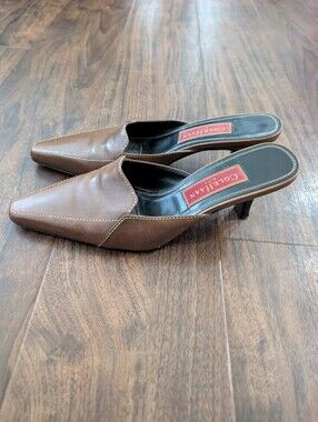 Cole Haan 7 B Tan Leather Pointed-Toe Mule Kitten Heels